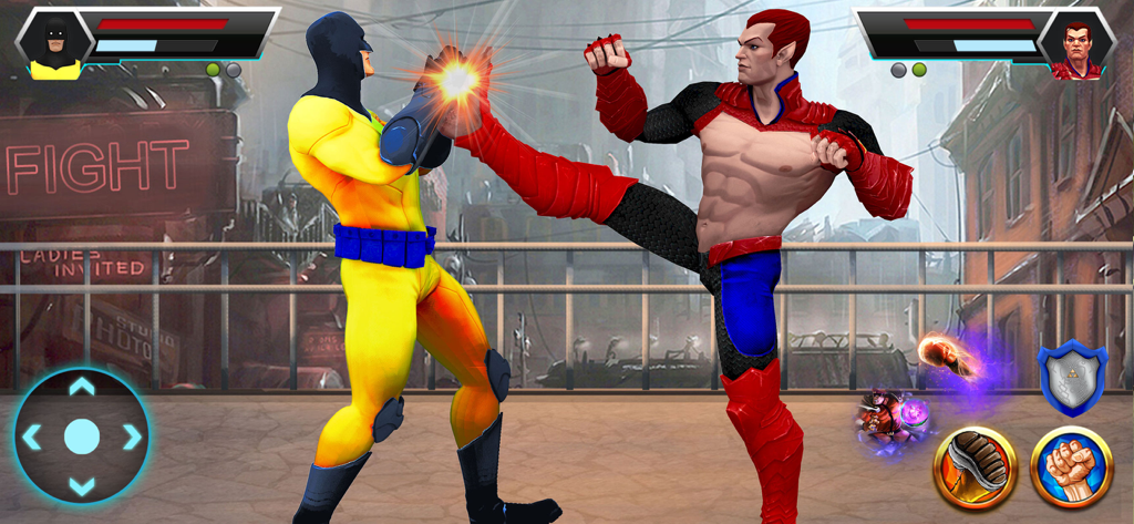 Kung Fu Karate - Fighting Game - Dos superhéroes con trajes coloridos luchando en un combate de artes marciales en una azotea