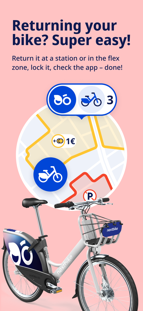 ステーションまたはフレックスゾーンでのバイクの返却方法を示すnextbikeレンタルバイクと地図