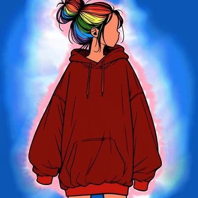 realistic girl with a oversized sweatshirt on and a bun