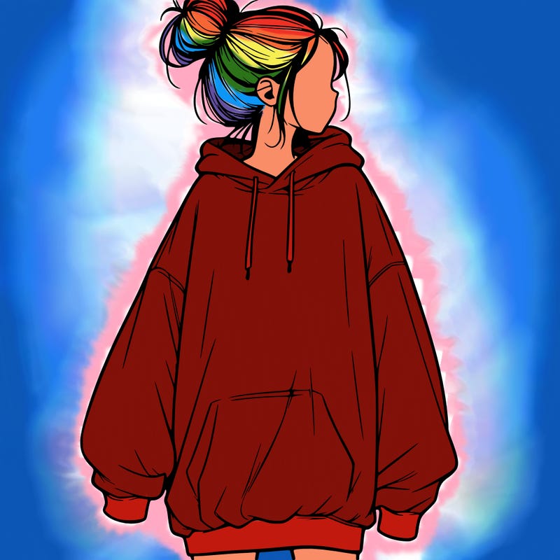 realistic girl with a oversized sweatshirt on and a bun