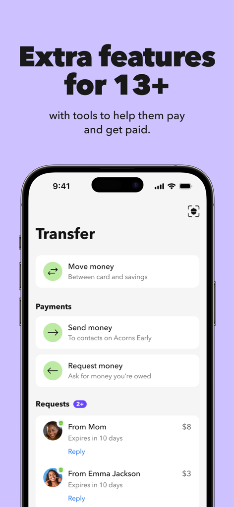 A screenshot of the Acorns Early app showing the money transfer interface for teenagers including options to send and request money.