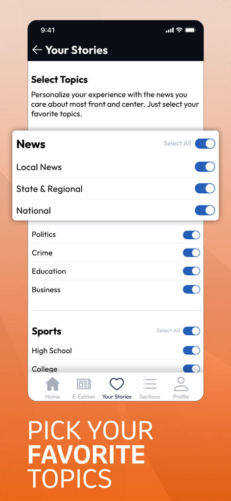 A smartphone screen of the Journal Times app showing the Your Stories feature to select favorite news topics like Local News, Politics, and Sports.