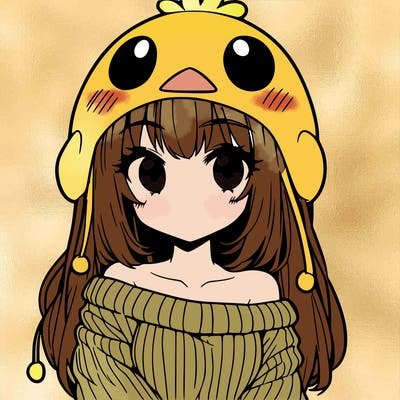 anime girl with chick shaped hat with sweater with bare shoulders with bangs covering them one eye with low tail