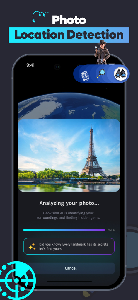 AI Photo Location Finder：GeoAI - Smartphone screen showing GeoAI app analyzing a photo of the Eiffel Tower
