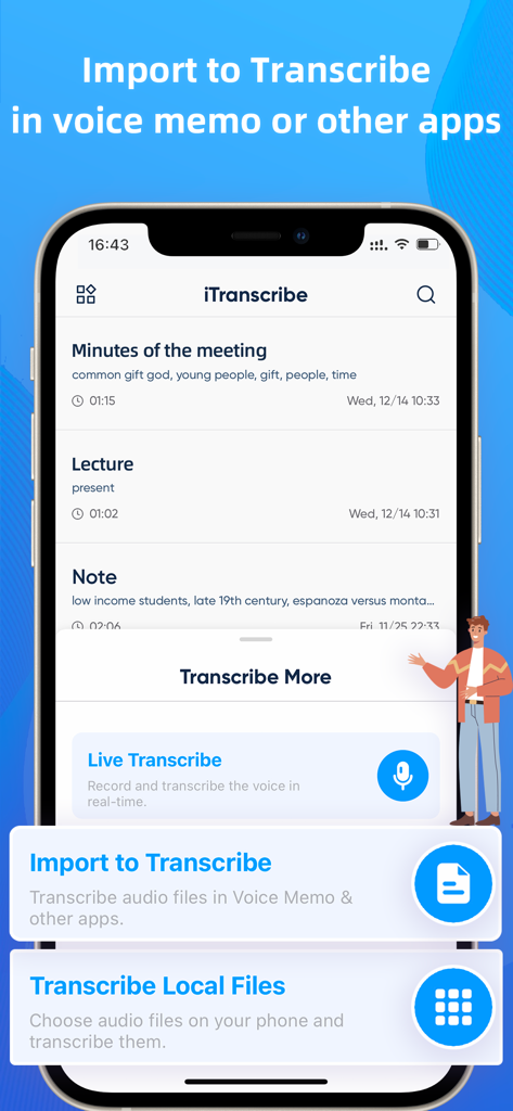 iTranscribe - Audio to Text - iTranscribe app interface showing options to import audio files and transcribe voice memos