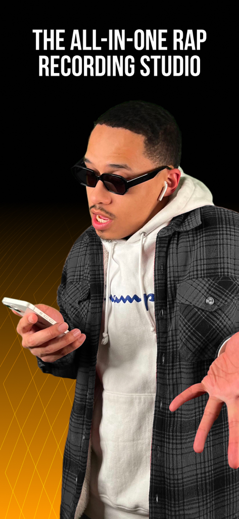 A young artist recording a rap track on his smartphone using the Rap Fame app