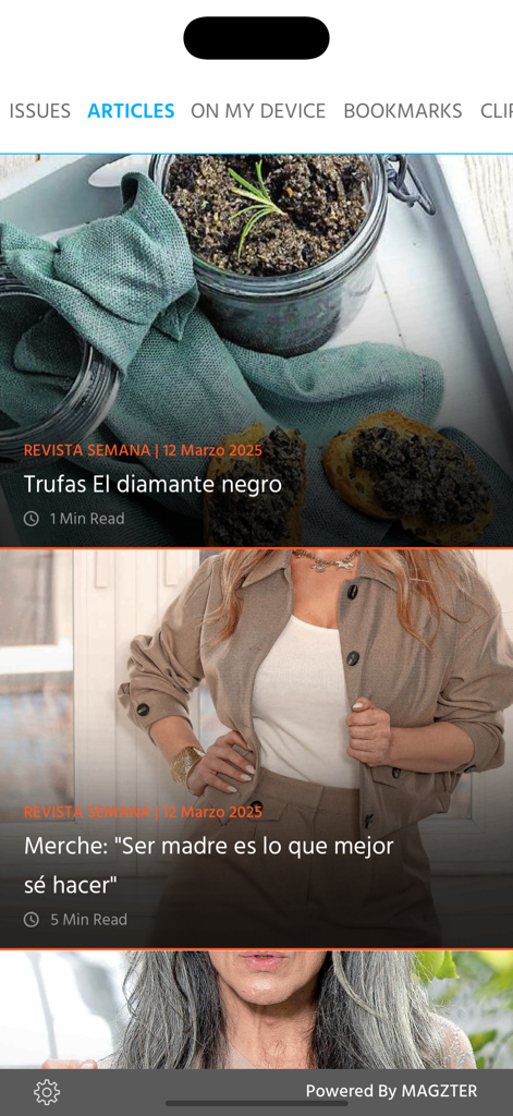 Interface de l'application Revista Semana affichant la section articles avec des actualités lifestyle