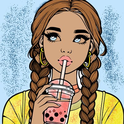 realistic girl with braided hair drinking boba