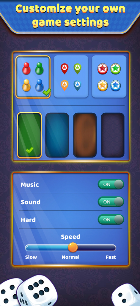 Ludo Offline: Dice Board Game - Ludo Offline game settings screen showing options to customize tokens board colors game difficulty and speed