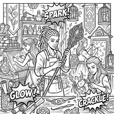 Immerse yourself in the enchanting world of Elven Artisans with this captivating Pop Art coloring page. Discover a magical workshop bustling with creative elves crafting mystical objects, all rendered in a dynamic comic book style.