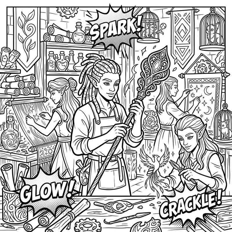 Immerse yourself in the enchanting world of Elven Artisans with this captivating Pop Art coloring page. Discover a magical workshop bustling with creative elves crafting mystical objects, all rendered in a dynamic comic book style.
