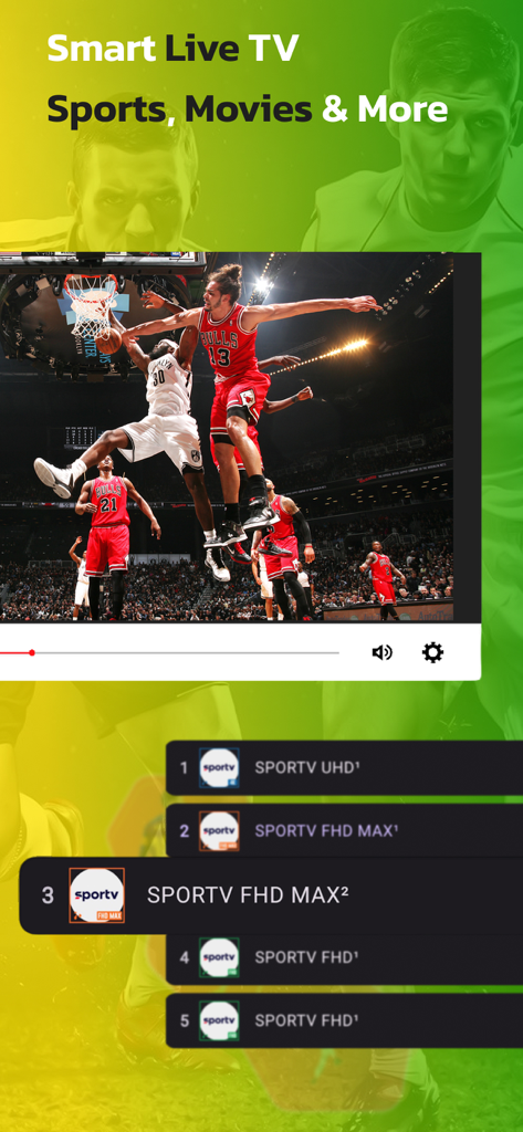 Interfaccia di TV Stream Pro che mostra una partita di basket in diretta e un elenco di canali sportivi in alta definizione