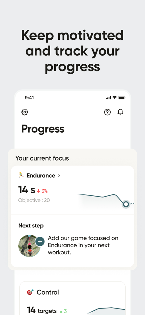 Perifit Care - Interfaz de aplicación móvil que muestra el progreso del ejercicio del suelo pélvico con métricas de resistencia y control.