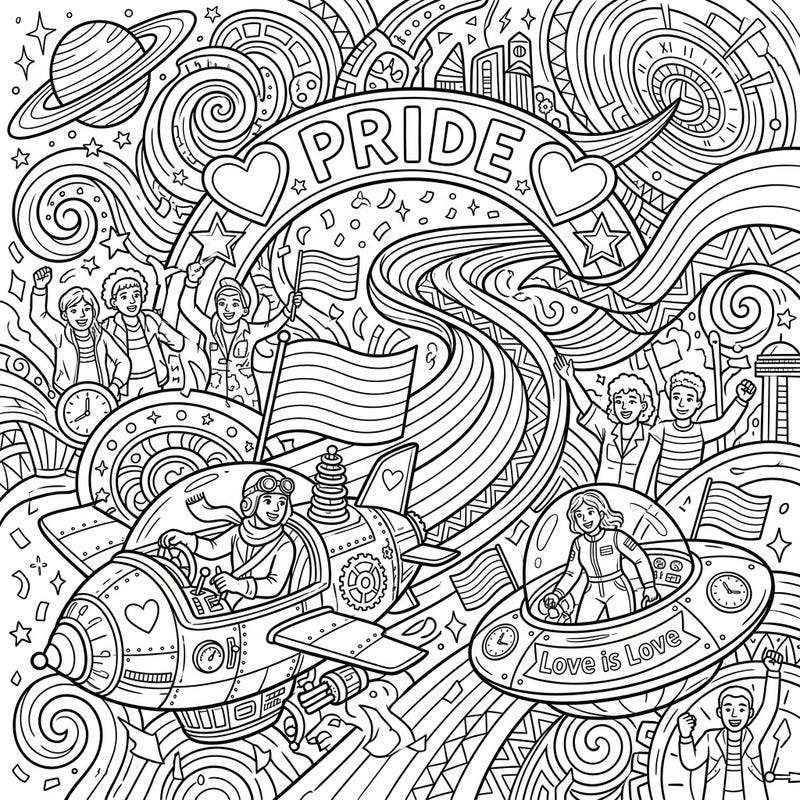 Join our adventurous Time Machine Pilots as they lead a joyous parade through time and space, celebrating Pride Month with vibrant energy. This unique coloring page blends futuristic exploration with powerful symbols of love and diversity for an unforgettable experience.