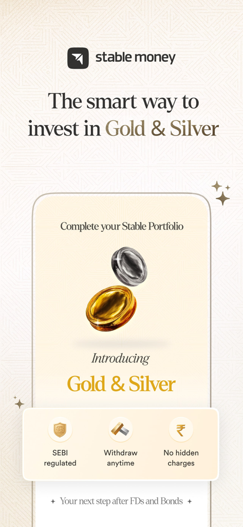 Stable Money app promotional screen for investing in Gold and Silver