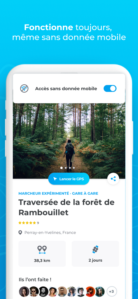 Helloways - GPS de randonnée - Aplicación móvil Helloways que muestra una ruta de senderismo detallada en un bosque con acceso sin conexión habilitado