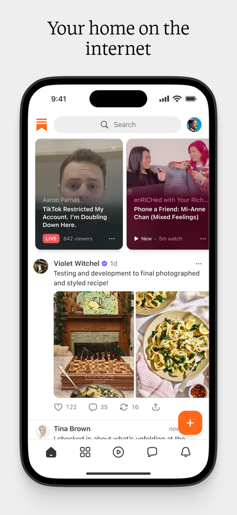 A screenshot of the Substack app home feed featuring video and photo posts from independent creators