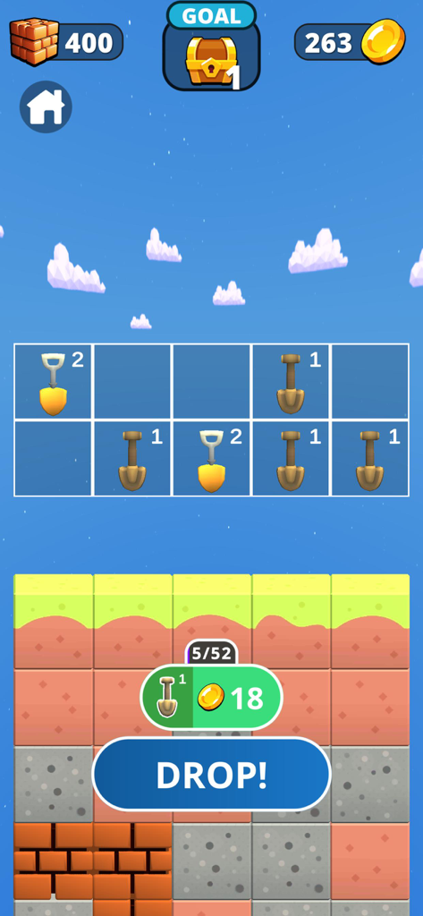 Merge and Dig - Schermata di gioco di Merge and Dig che mostra una griglia di unione degli strumenti e strati di terra colorati