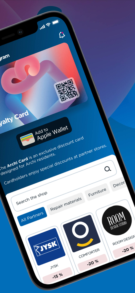 My Archi - My Archi app interface showing an exclusive resident loyalty card with a QR code and partner discounts for home stores like JYSK and Comforter