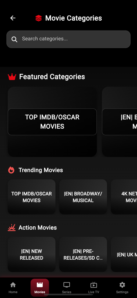 XCinemaTv - XCinemaTv app interface showing various movie categories and trending films
