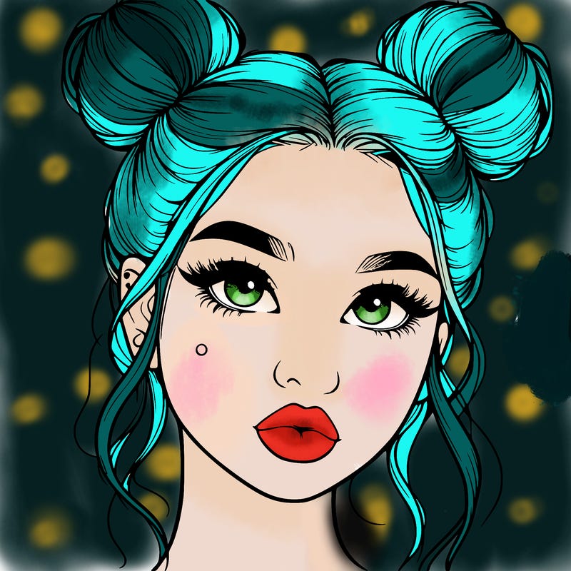realistic girl with two buns on her hair and lips
