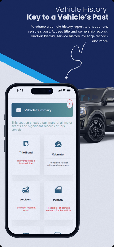 Tela de um telefone móvel exibindo um resumo do histórico do veículo com marca de título, leitura do hodômetro, histórico de acidentes e registros de danos.