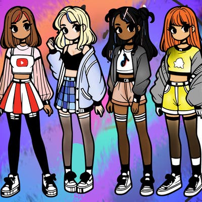 one girl with crop-top shirt and a jacket with a skirt, long socks and another girl with a shirt and pants with a jacket