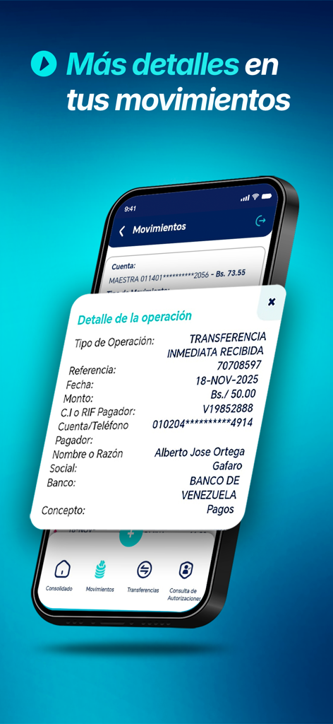 Conexión Digital Empresas - Detailed view of a received bank transfer operation on the Conexión Digital Empresas mobile app