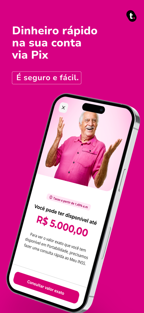 Interface do aplicativo meutudo exibindo uma oferta de empréstimo para aposentados com pagamento rápido via Pix