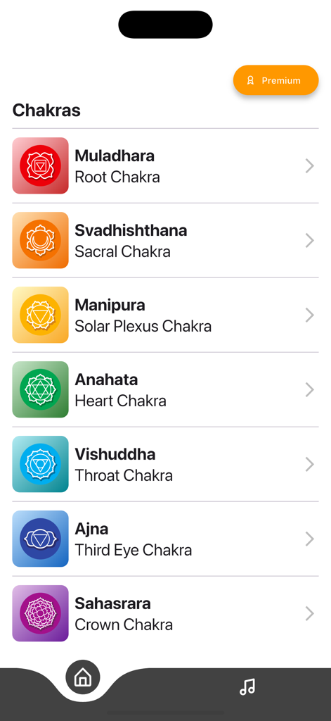 Chakras - Meditation & Healing - Una lista de los siete chakras con sus nombres e íconos coloridos en la interfaz de la aplicación de meditación Chakras.