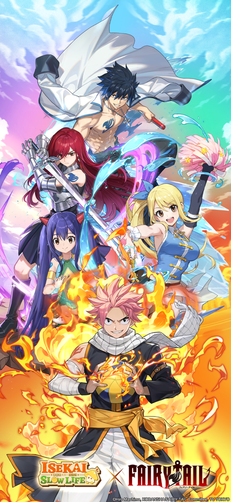 Arte de colaboração de Isekai Slow Life e Fairy Tail com Natsu Erza Gray Lucy e Wendy