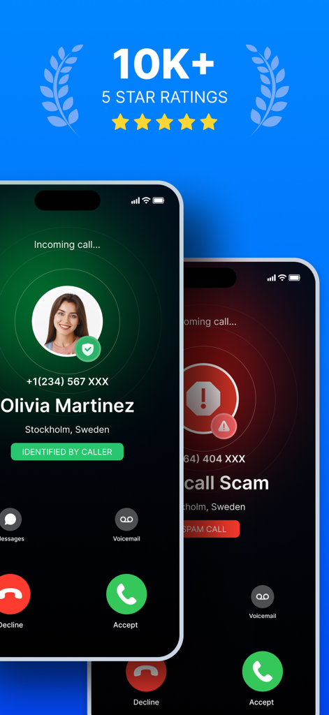Interface do aplicativo móvel mostrando um perfil de chamador identificado e um aviso de chamada de golpe detectada com 5 estrelas.