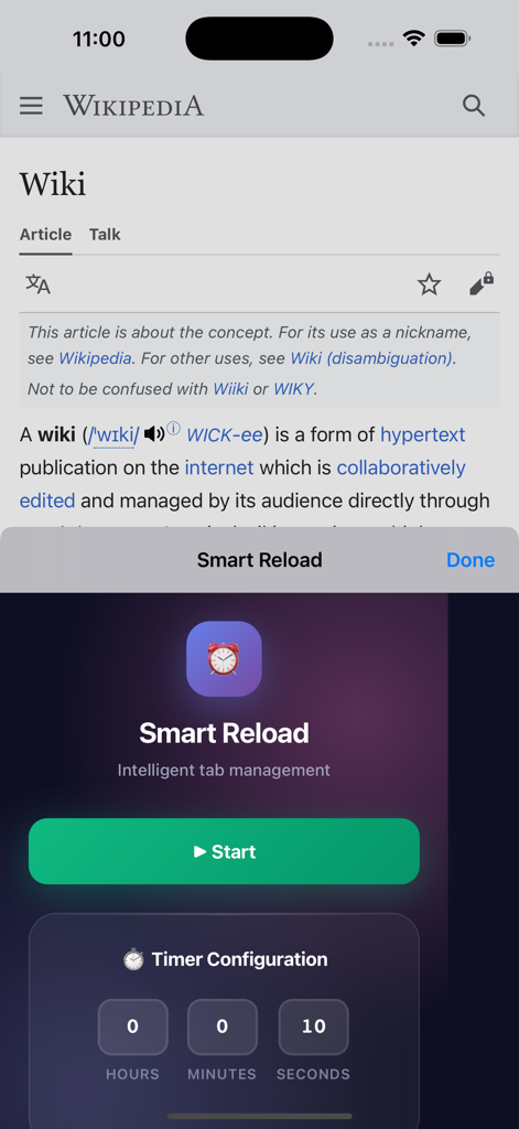 Interfaz de la extensión Auto Reload Safari mostrando un temporizador de 10 segundos configurado superpuesto en una página de Wikipedia