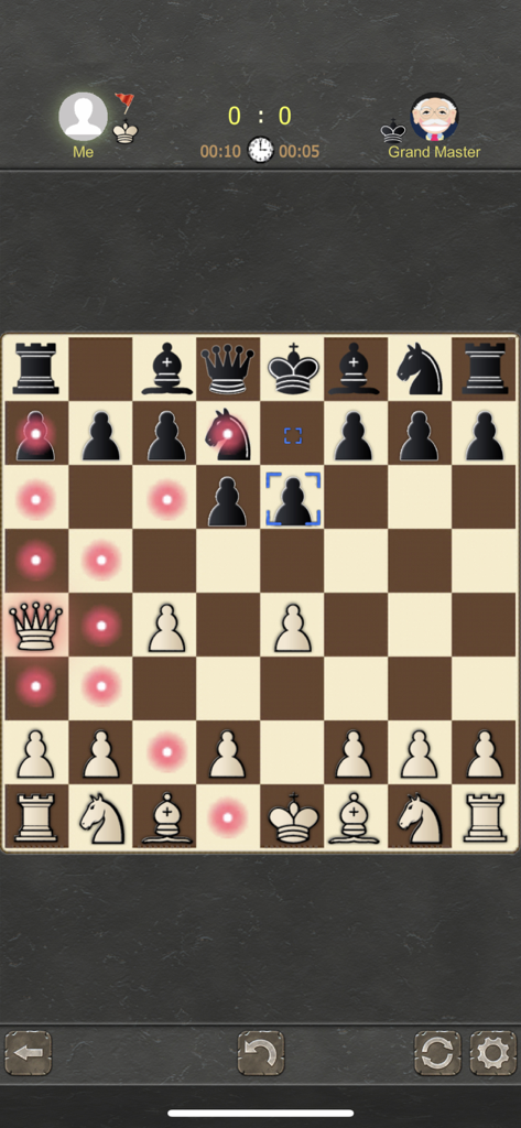 Chess Origins - 2 Players - Gameplay screen of Chess Origins showing a match against the Grand Master character with highlighted move hints on the board