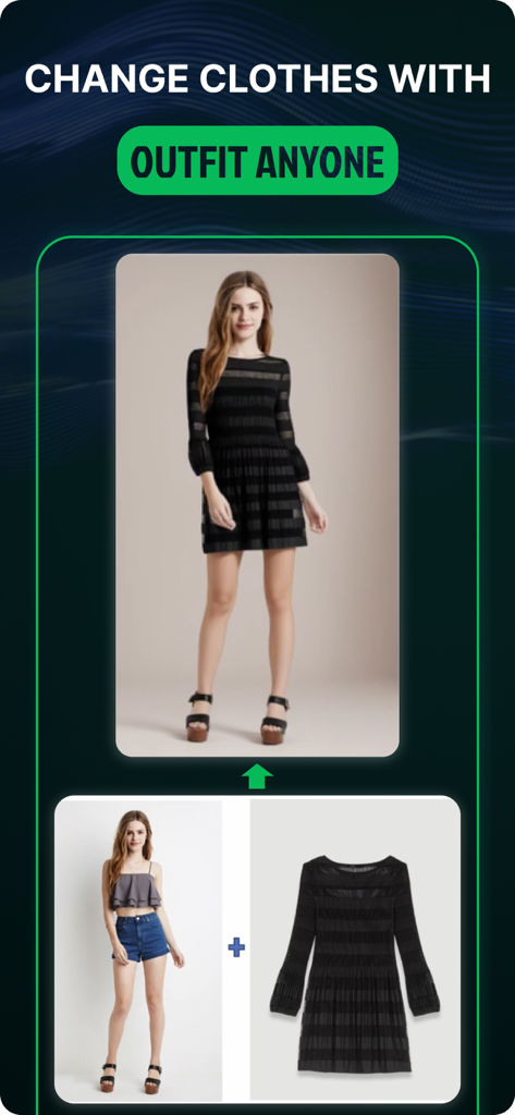 Mobile app interface showing AI virtual clothing try-on feature called Outfit Anyone