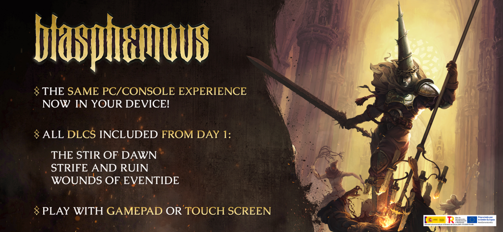 Banner promocional para la versión móvil de Blasphemous con el Plegario y destacados del juego como DLCs incluidos y soporte para mando