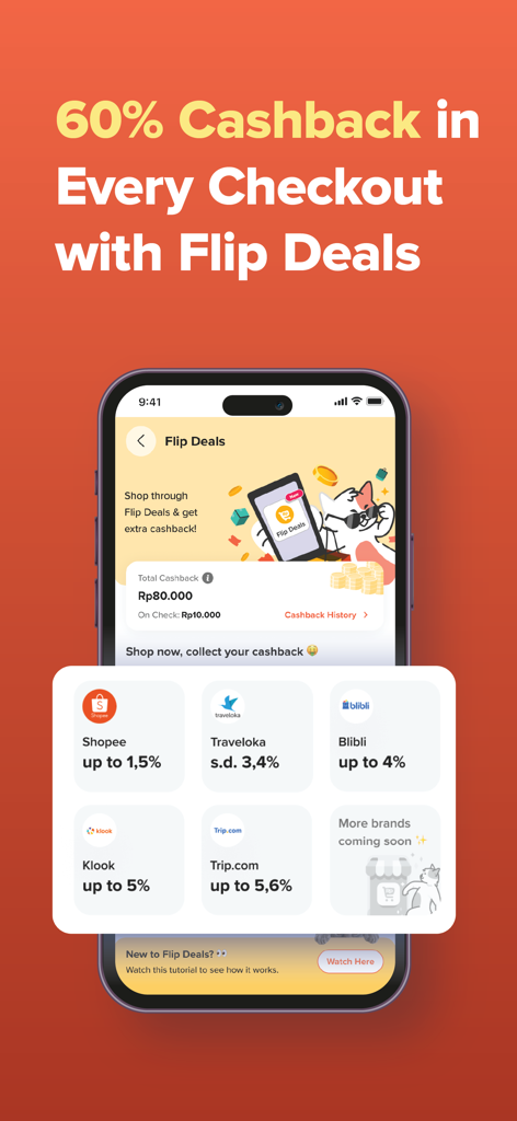 Flip: Transfer Without Admin - Flip 앱 화면에 다양한 플랫폼에서 온라인 쇼핑에 대한 60% 캐시백 혜택이 표시되어 있습니다.