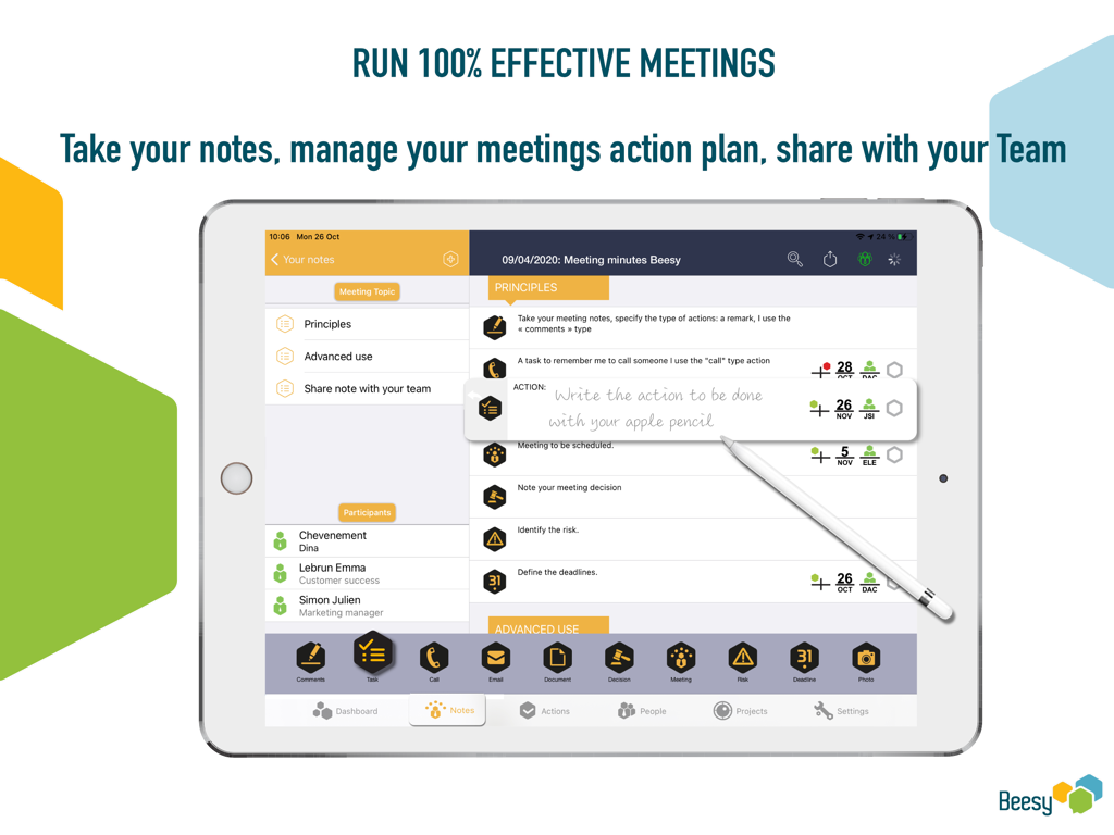 Beesy - Beesy app on iPad displaying digital meeting notes and task management with Apple Pencil handwriting support.