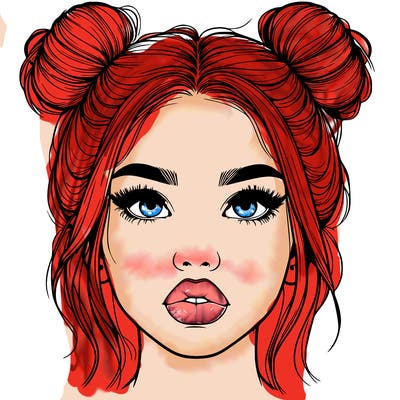 realistic girl with two buns on her hair and lips