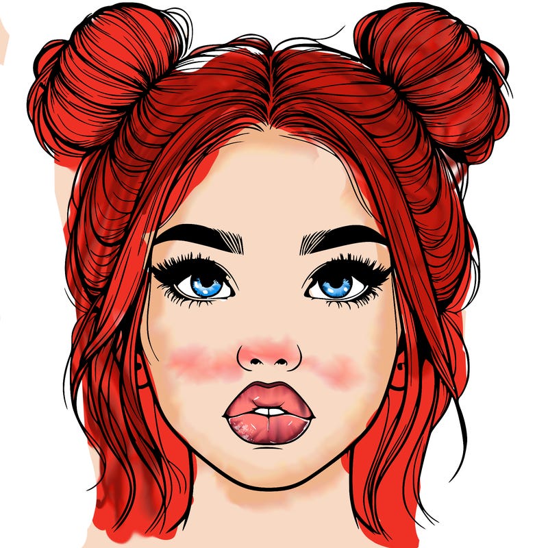 realistic girl with two buns on her hair and lips