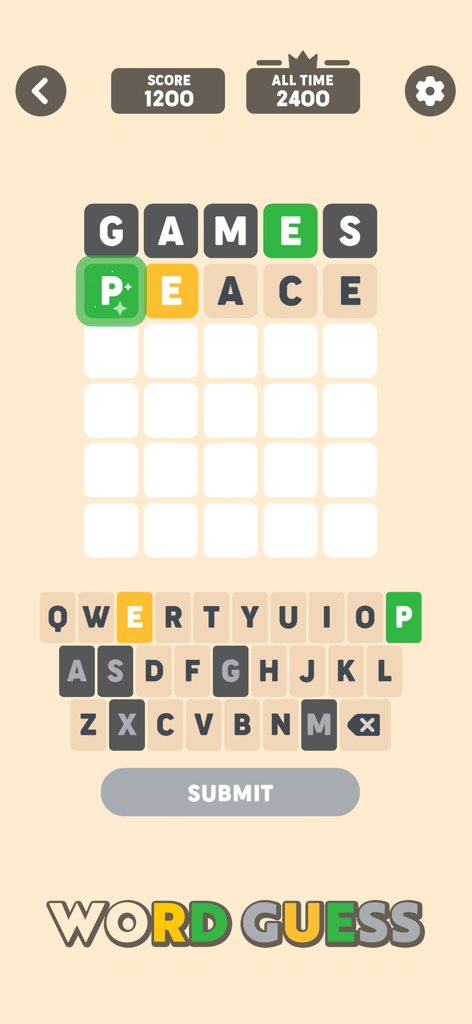 Word Guess puzzle game screen showing a word grid and keyboard from the Offline Games app