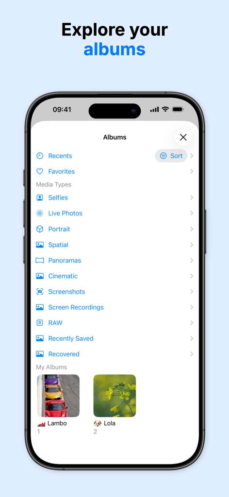 Exif Metadata Editor & IPTC - iPhone screen showing a list of photo albums and media categories for easy metadata management