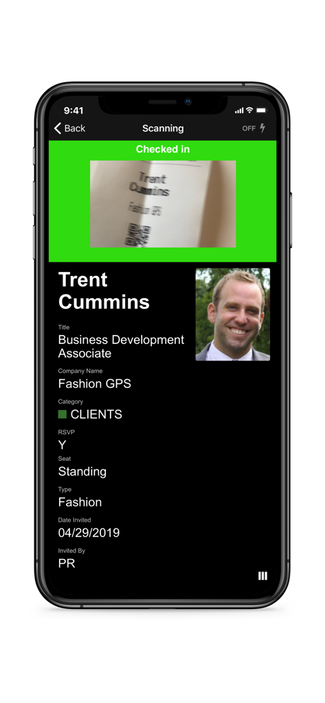 Events by Launchmetrics - Events by Launchmetrics app guest check-in screen displaying attendee information and successful scan notification.