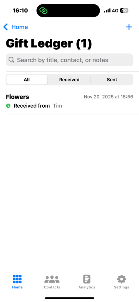 Haven Link - offline CRM - L'écran du registre des cadeaux de l'application Haven Link affichant une entrée de cadeau reçu pour des fleurs d'un contact nommé Tim.