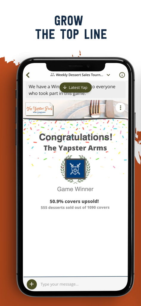Yapster app showing a sales tournament winner announcement for a frontline team
