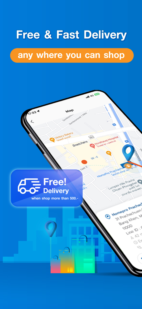 Uno smartphone che mostra la mappa dell'app HomePro per il monitoraggio delle consegne e le offerte di consegna gratuita.