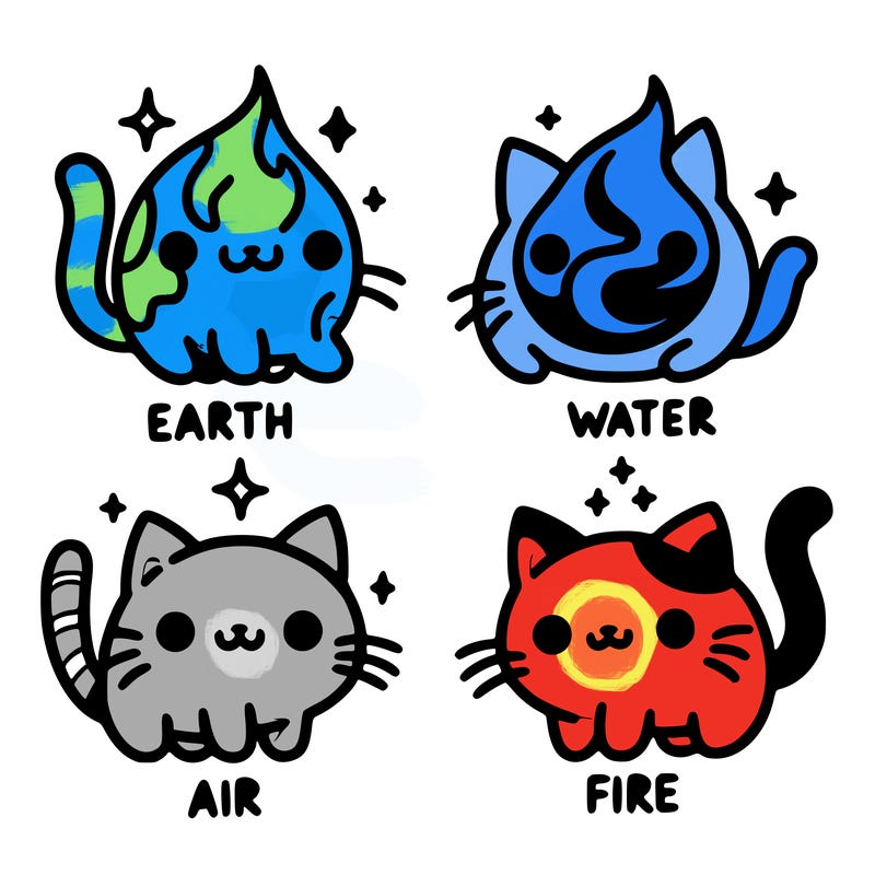 4 cats that represent the different elements, earth, water, air, and fire