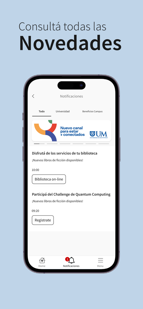 UM Campus Digital - Tela de notificações universitárias no aplicativo móvel UM Campus Digital mostrando atualizações e notícias do campus.