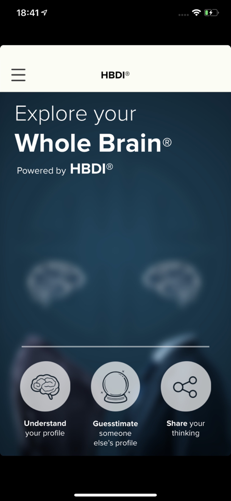HBDI app home screen displaying options to understand your profile, guesstimate someone else's profile, and share your thinking