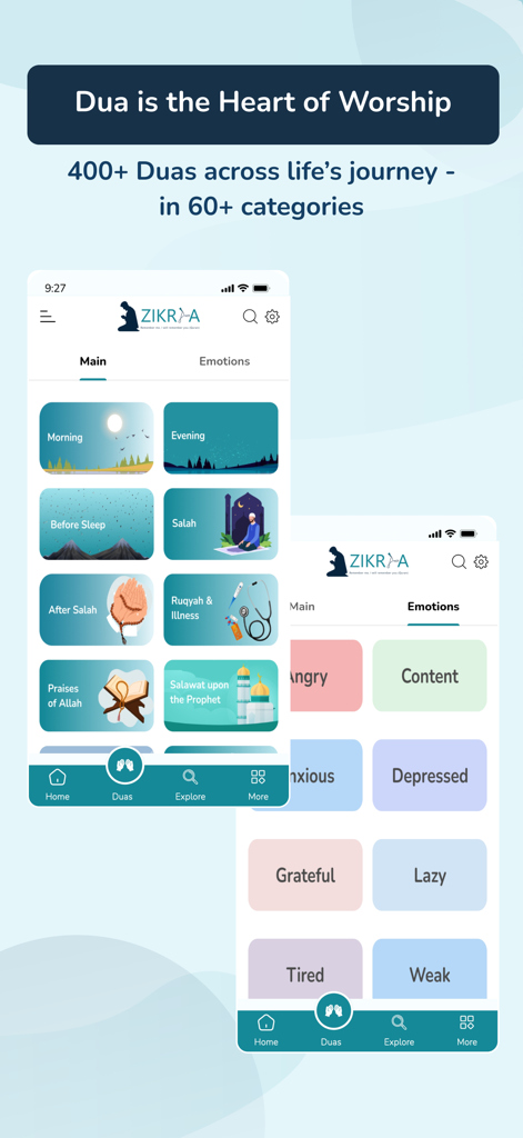 A screenshot of the Zikraa app showcasing various Dua and Dhikr categories including morning and evening prayers and emotional support options.